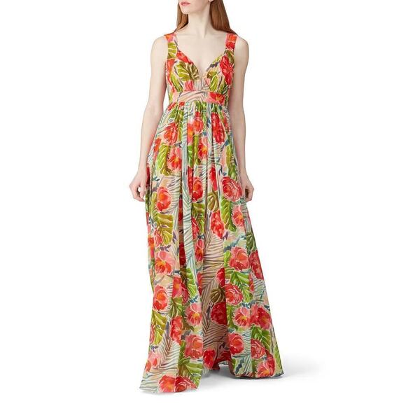 Badgley Miscka Floral Gown  Sleeveless Maxi Gown Tropical Red Green Size 8 - Picture 2 of 13
